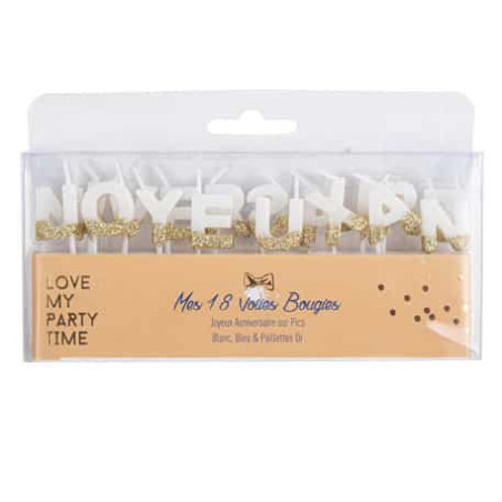 Kit bougies Joyeux anniversaire Blanc & or