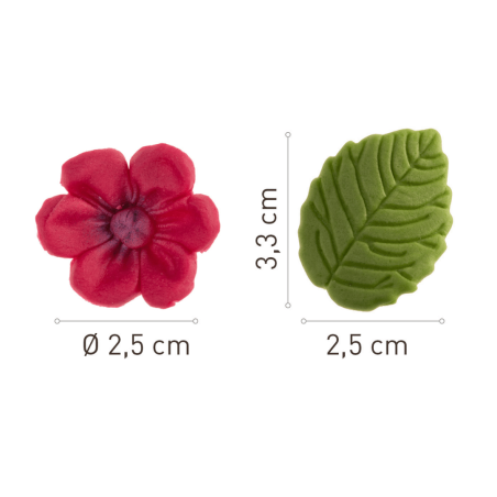 dimensions Fleurs fuschia et feuilles en sucre