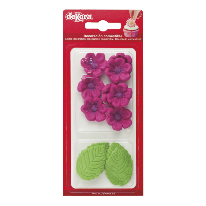 Fleurs fuschia et feuilles en sucre dekora