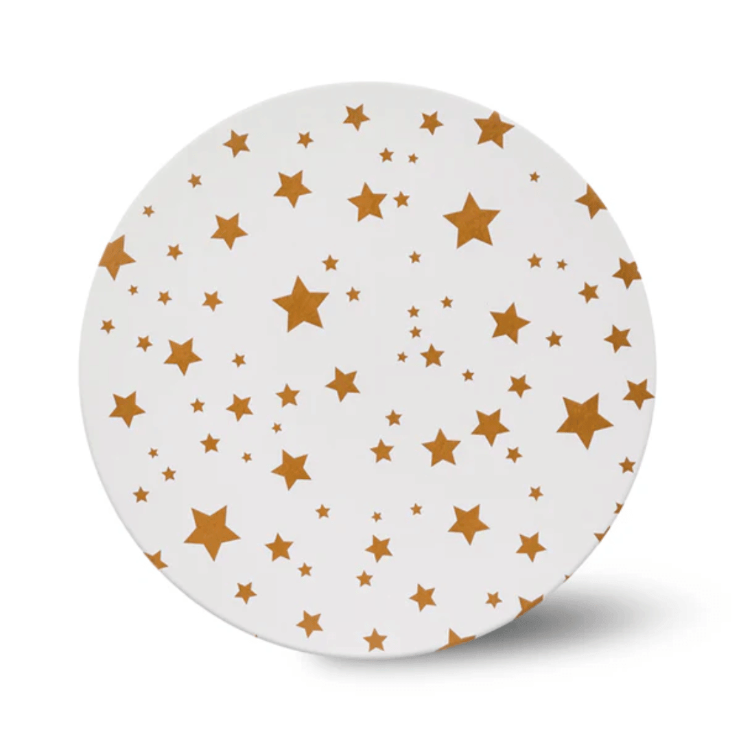 cake board rond 25 cm blanc, motif étoiles dorées