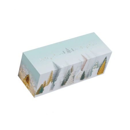 Boite à bûche verte élégante avec motifs sapins de Noël
