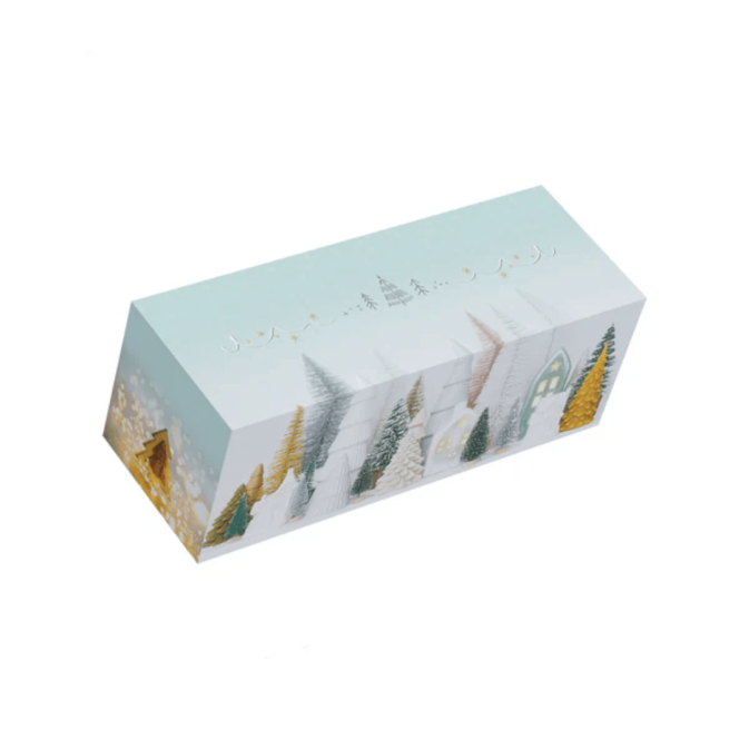 Boite à bûche verte élégante avec motifs sapins de Noël