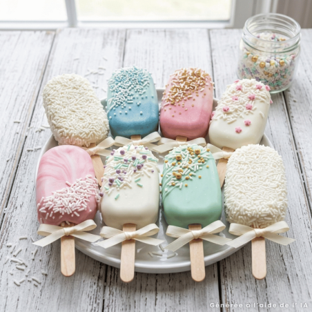 magnum cakes décorés avec vermicelles en sucre fins blancs de funcakes