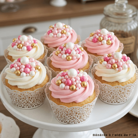 deco cupcake perles en sucre roses et or