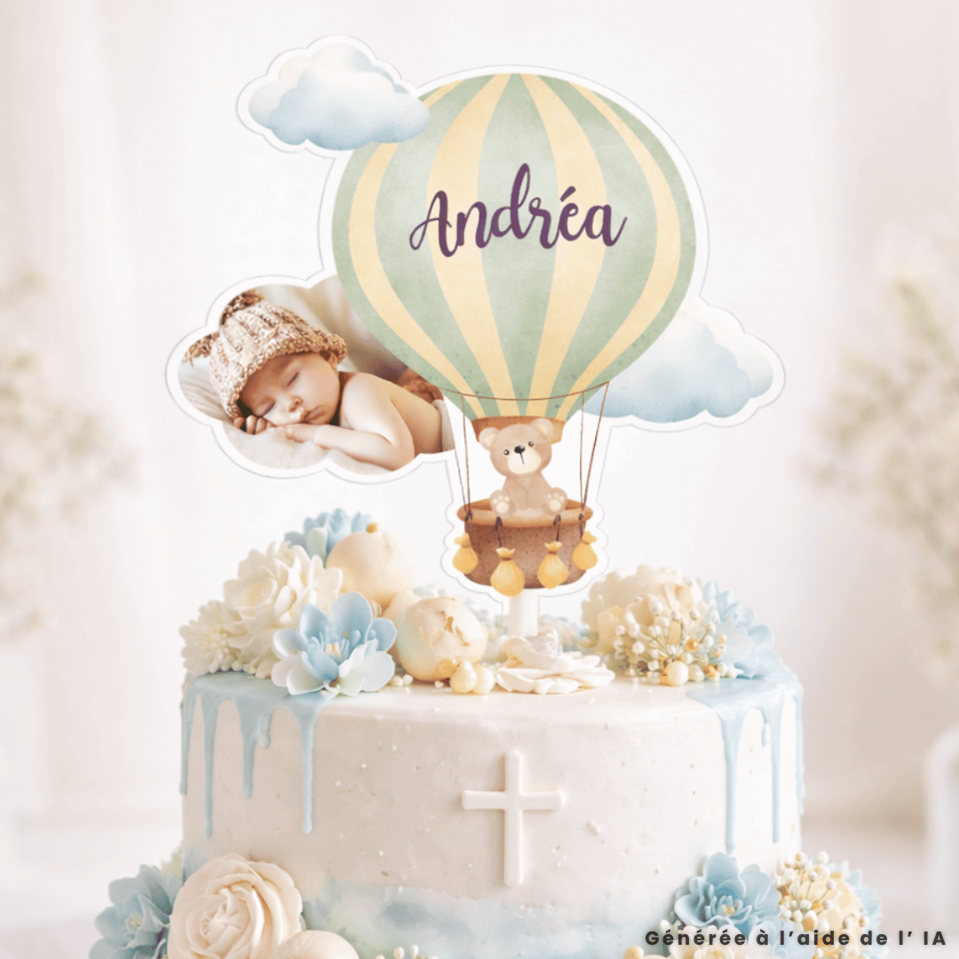 topper montgolfière bapteme personnalisable avec photo et prénom