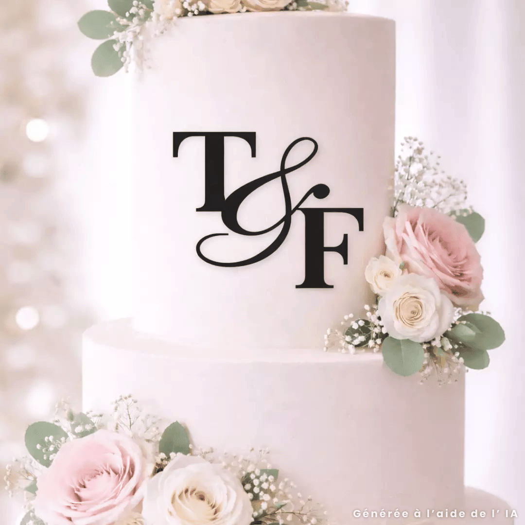 face topper mariage initiales a personnaliser noir
