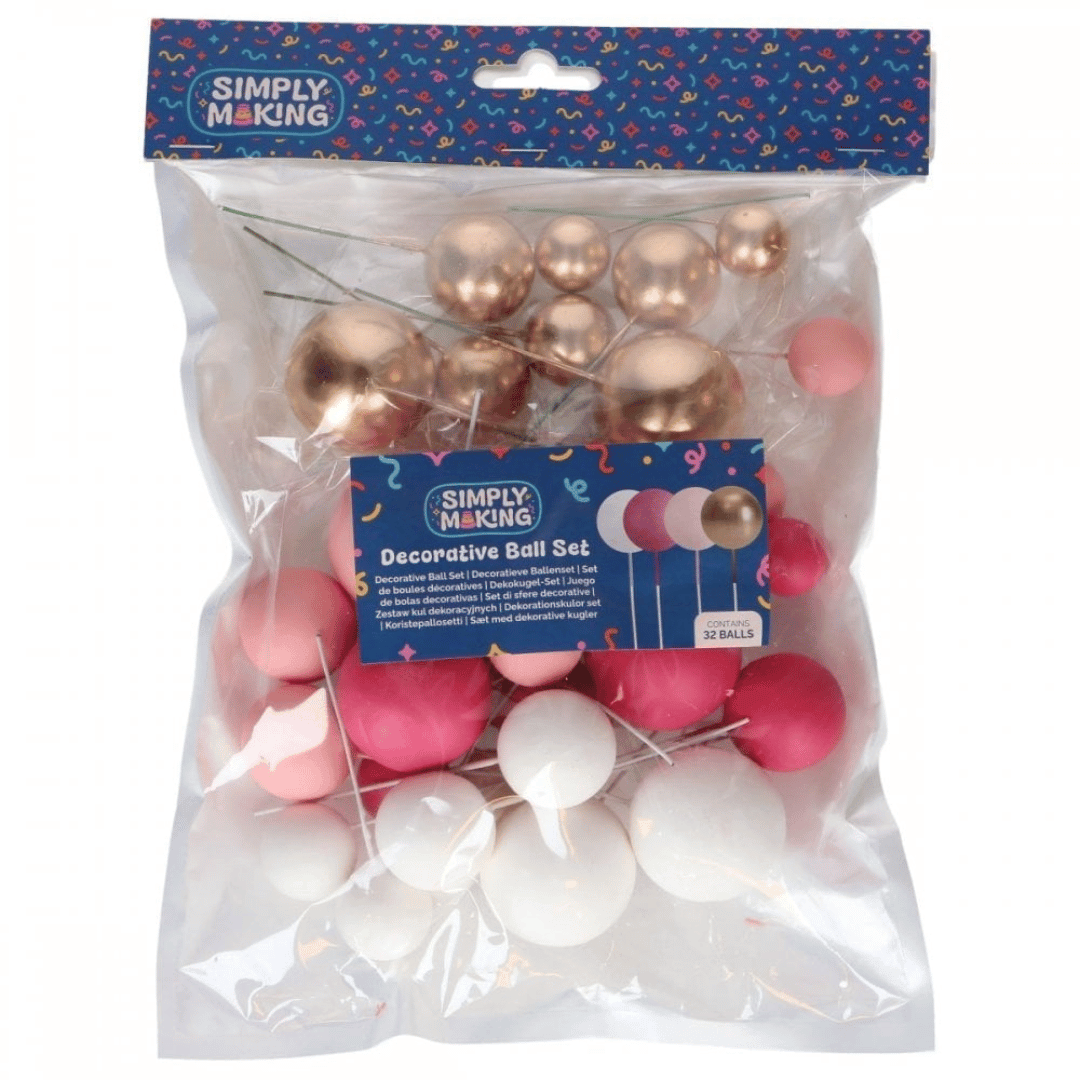 set de 32 boules décoratives pour gateau roses, blanches et or
