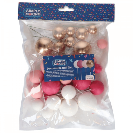 set de 32 boules décoratives pour gateau roses, blanches et or