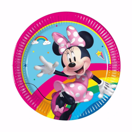8 assiettes en carton pour anniversaire minnie avec decor arc en ciel