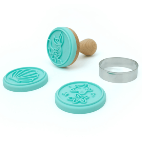tampon pour biscuits sirene avec 3 empreintes - coquillage, queue de poisson et étoiles de mer